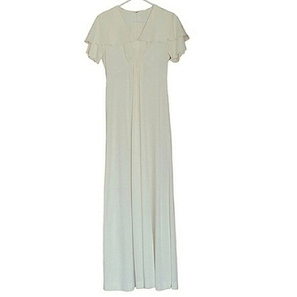 7516 * Sears Flutter Sleeve Maxi Dress Cream Off White Size 12 Vintage 70s - Picture 1 of 10